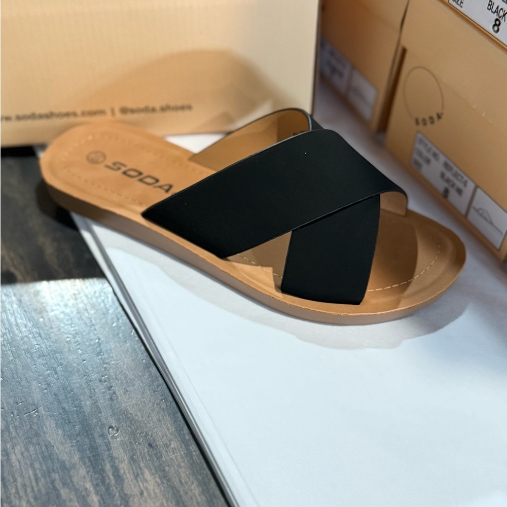 Soda Women's Black and Tan Crisscross Sandals